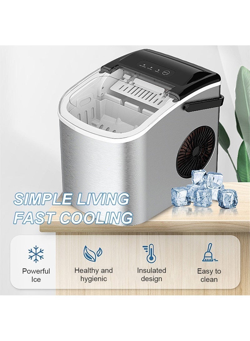 ET-LIFE Ice Maker Countertop with Handle, Self-Cleaning Ice Maker with Scoop and Basket, 9 Cubes in 7-9 Mins, 12Kg/24H, 1.2L Water Tank, 0.6L Ice Basket Capacity, 95W, Portable Small Ice Machine for Home kitchen Office Party, BH-14, Silver - Image 1